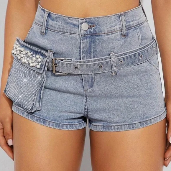 Haute Embellished Pocket Belted Denim Shorts - Picture 2 of 4